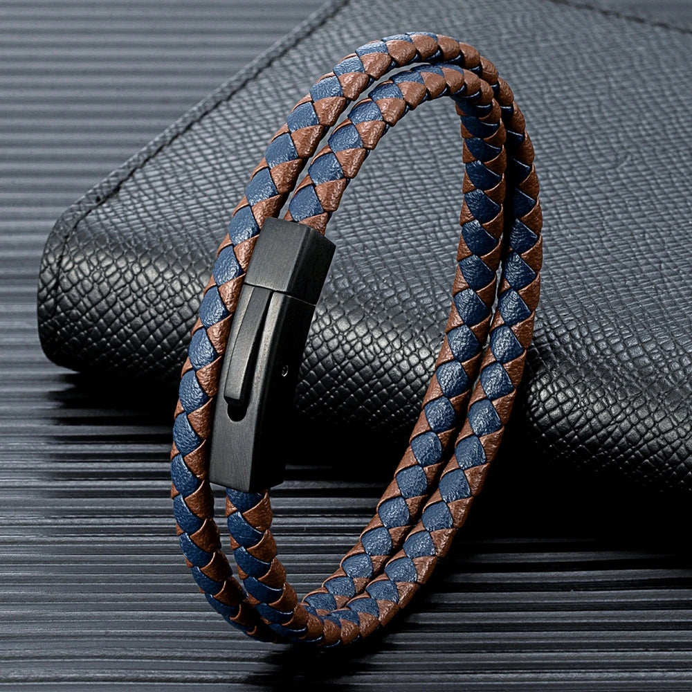 ZANE - Bracelet en cuir noir tissé à la main pour hommes et femmes, conception double couche, acier inoxydable 256, cadeau de bijoux de style simple - Le BRACELET