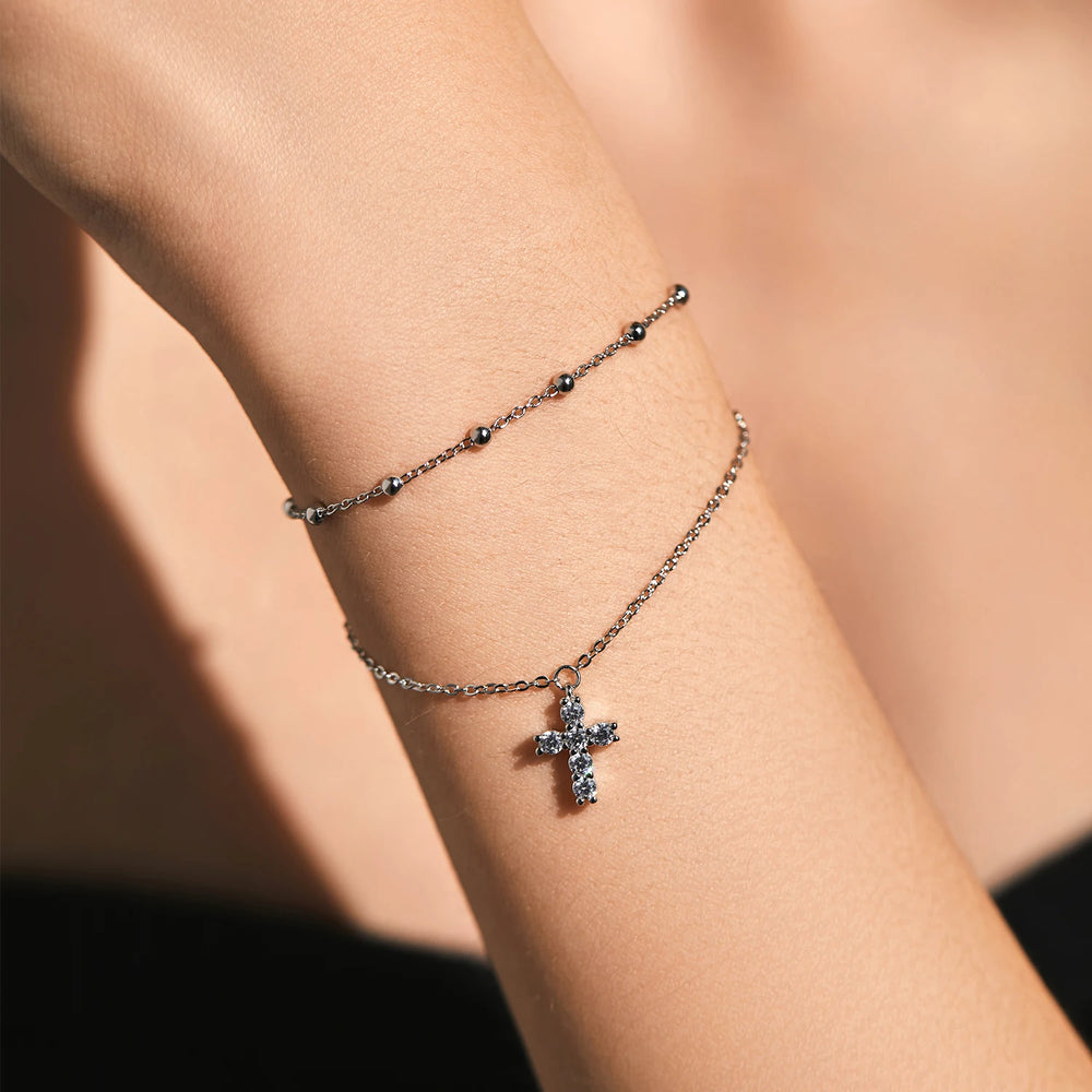 MIA - MODIAN exquis croix CZ Bracelet 925 en argent Sterling empilable Double couche lien chaîne perles Bracelets pour femme bijoux fins