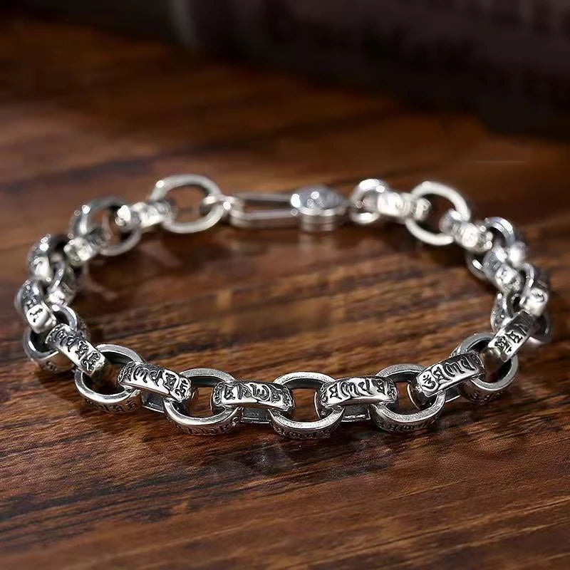 Bracelet de vérité à six mots en argent sterling S925, tendance rétro, bracelet punk en argent sterling pour hommes et femmes, cadeaux exquis à la mode