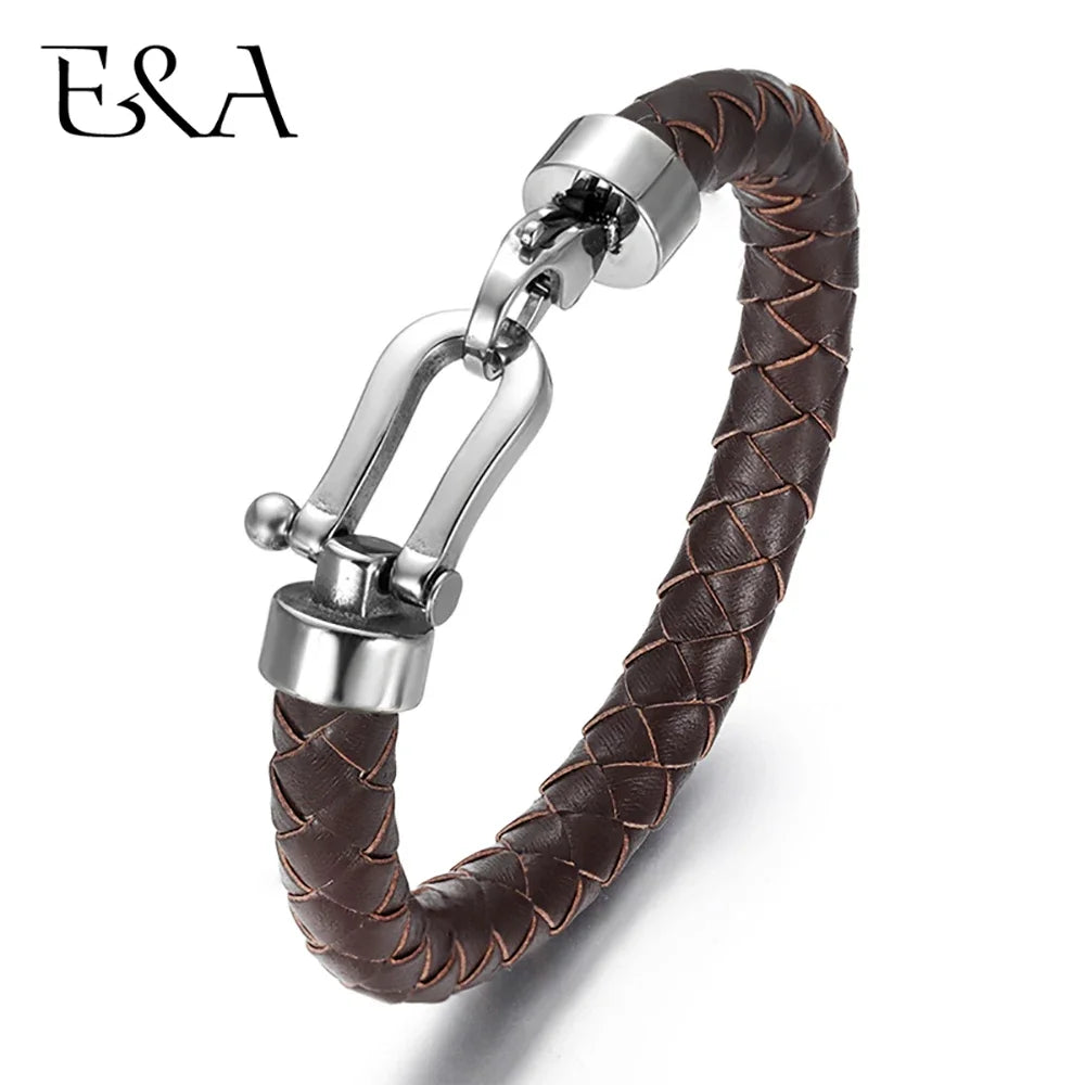 Bracelet classique tressé en cuir véritable pour hommes, avec fermoir à homard en fer à cheval en acier inoxydable 316L, bijoux faits à la main à la mode pour hommes - Le BRACELET 