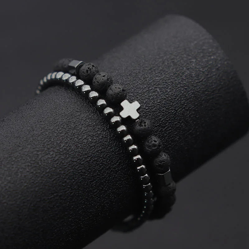 2 pièces hommes Bracelet ensemble hématite croix Braslet pour Hombre naturel lave yeux de tigre pierre Braclet Homme perlé Brazalete Pulseira - Le BRACELET 