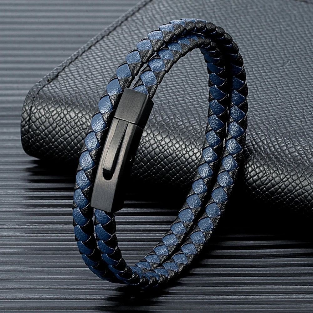ZANE - Bracelet en cuir noir tissé à la main pour hommes et femmes, conception double couche, acier inoxydable 256, cadeau de bijoux de style simple - Le BRACELET 