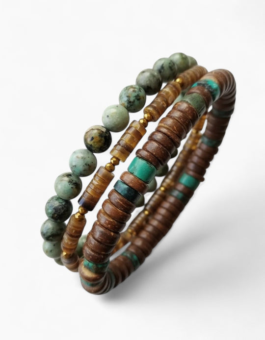 Bracelet homme en perles naturelles vert et brun