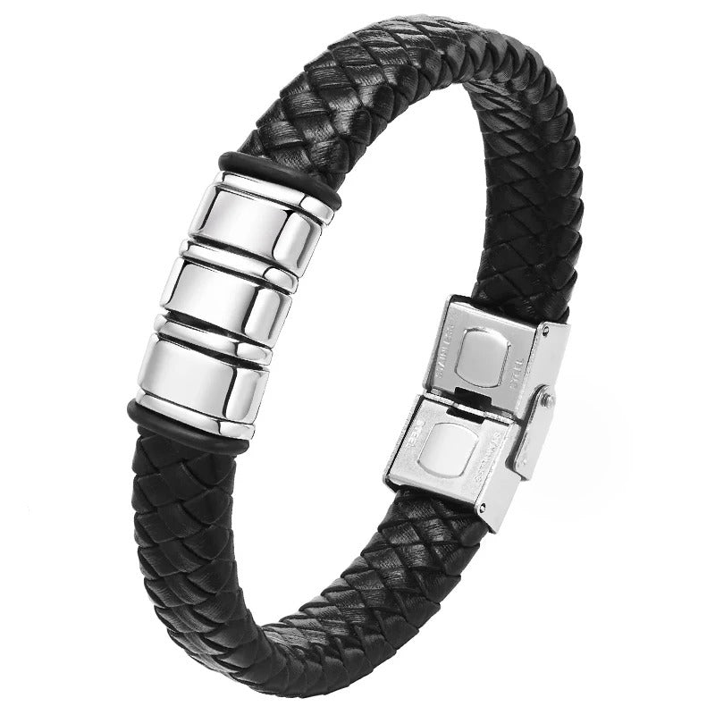 CONNOR | Bracelet personnalisé en cuir tressé & acier inoxydable