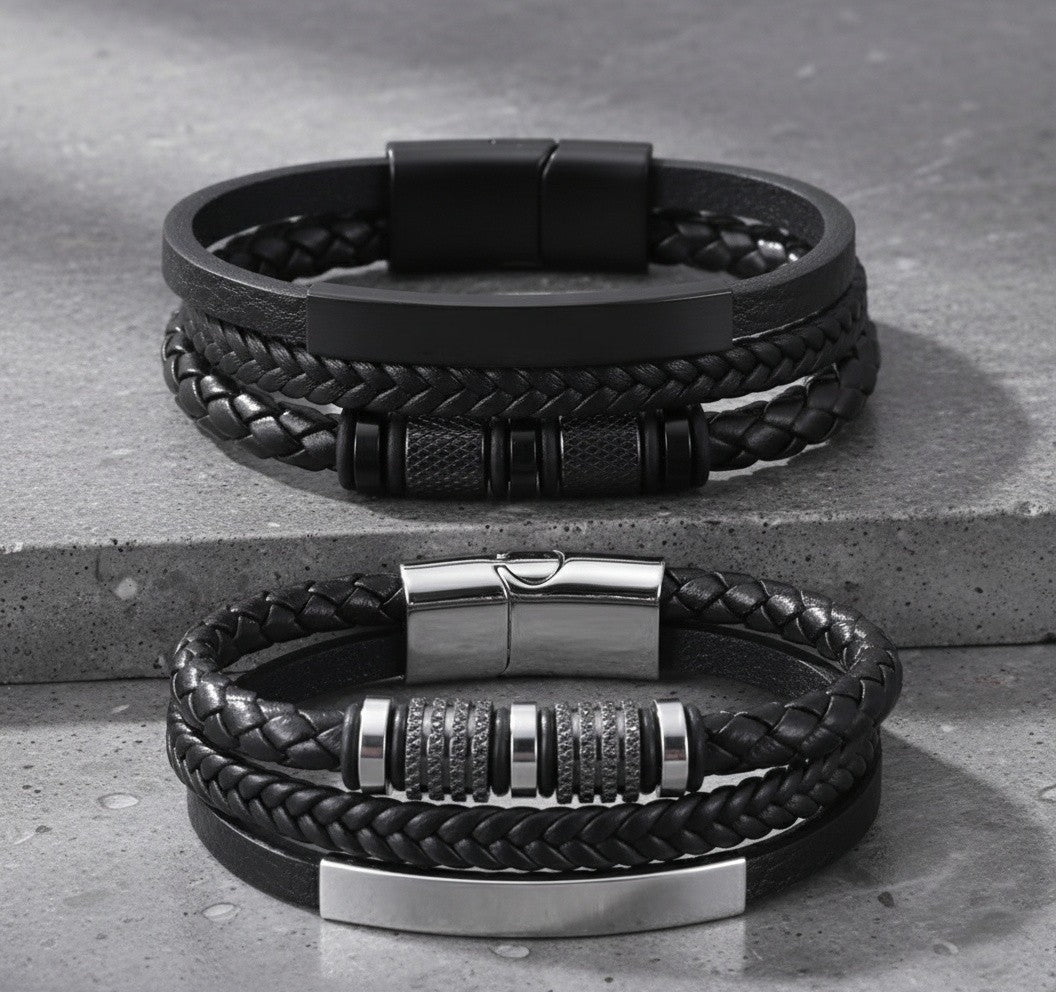 BRADLEY | Bracelet personnalisé en cuir tressé & acier inoxydable