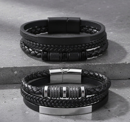 BRADLEY | Bracelet personnalisé en cuir tressé & acier inoxydable